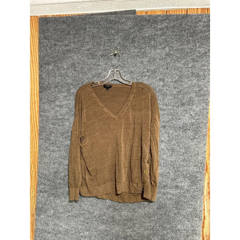 J.Crew Sweater Womens Large Brown Linen V Neck Pullover Side Button Lightweight
